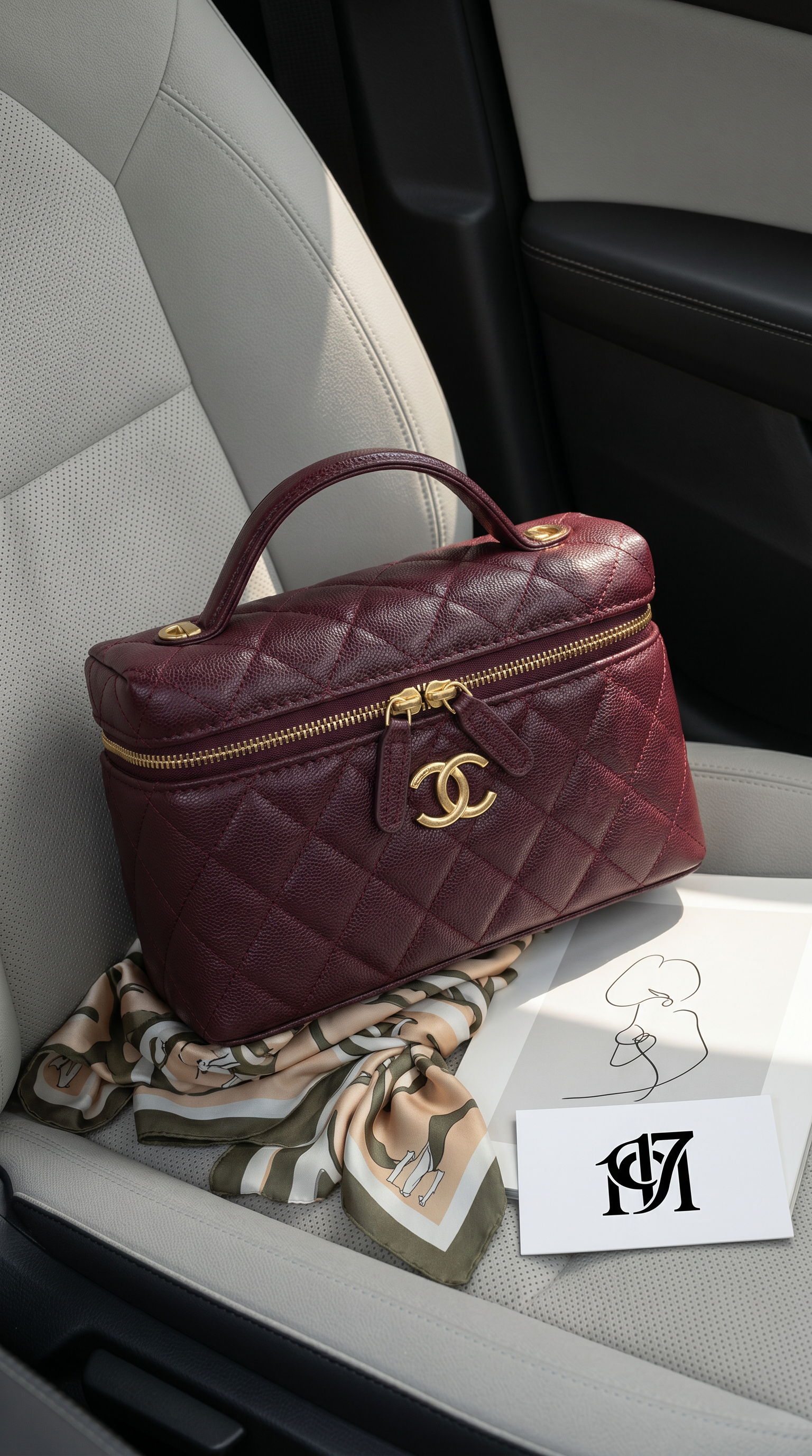 حقيبة Chanel Vanity Case بلون بورجوندي مصنوعة من جلد العجل المحبب مع تفاصيل معدنية ذهبية